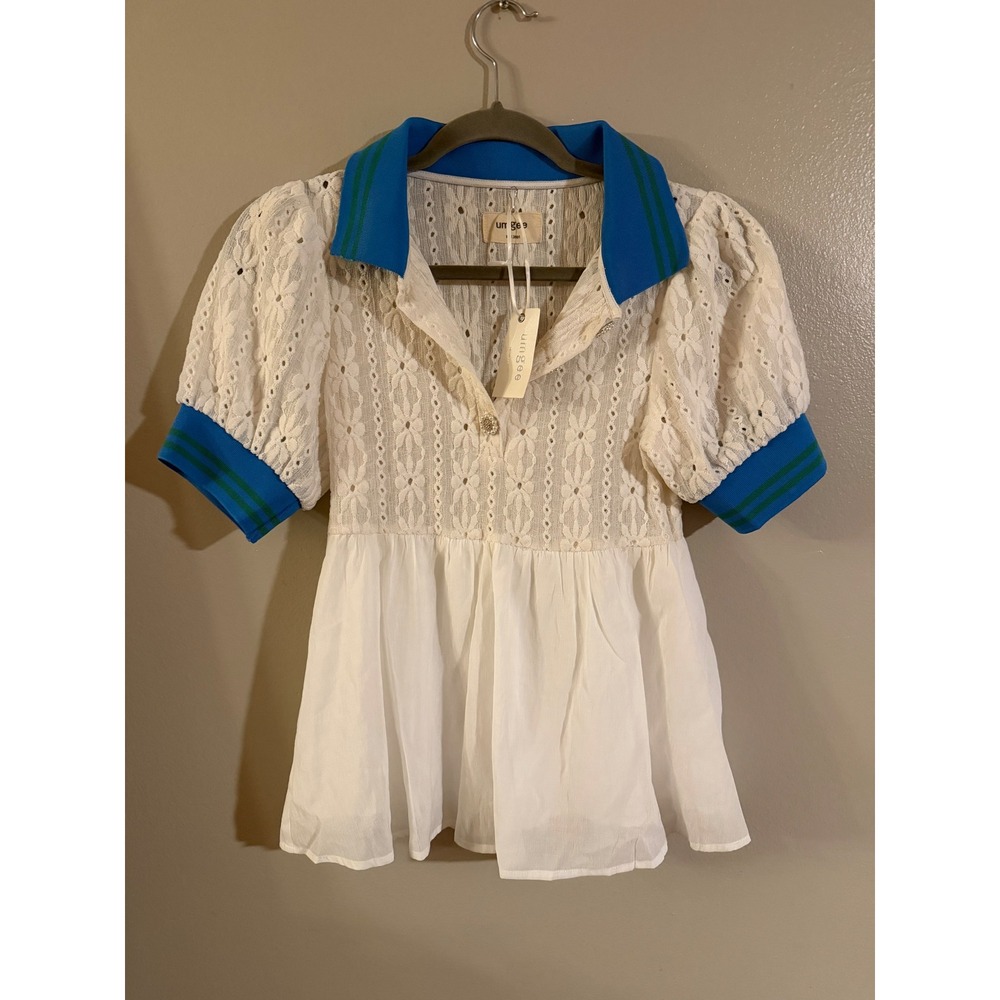 Umgee White Eyelet Lace Peplum Top Blue Contrast Collar Pearl Button NWT